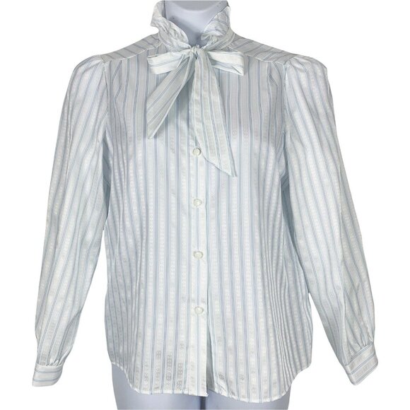 Vintage Blouse Size 14 Neck Bow Striped Button Up Blue White Shimmer Placements - Picture 1 of 5
